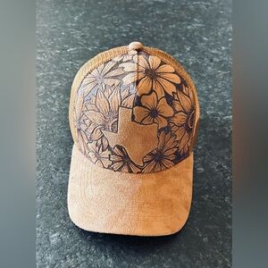 Floral Embroidered Suede Tan Cap
